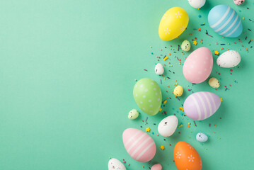 Fototapeta na wymiar Top view photo of easter decorations multicolored easter eggs and confectionery topping on isolated teal background with copyspace