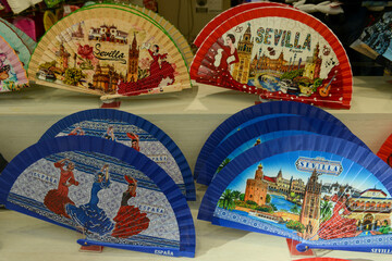 Souvenir shop with folding fan at Seville on Andalusia in Spain