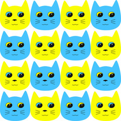 Seamless pattern with Cat cute. Yellow blue Cats isolated on white.  Vector Cats of Ukraine. Vector illustration for fabrics, greeting cards, wallpapers, gift wrapping paper, web page etc.  