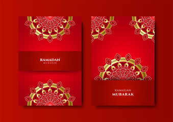 Trendy islamic ramadan red greeting card and poster background template with mosque, lantern, pattern, and crescent. Design for iftar invitation, ramadhan mubarak kareem. Vector illustration