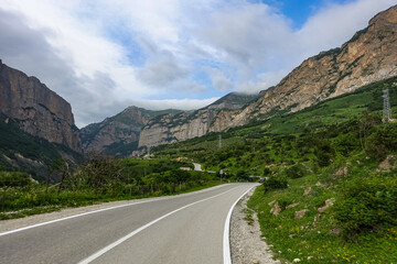 Naklejka premium A mountain valley in the gorge of the Cherek-Balkar river in the vicinity of the Ushtulu tract. Caucasus 2021