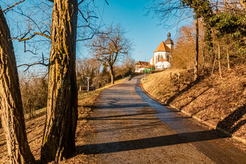 Beautiful winter view at the famous Bogenberg mountain, Bogen, Danube, Bavaria, Germany