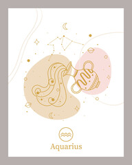 Zodiac Aquarius horoscope sign line abstract art silhouette design vector illustration. Creative decorative, Aquarius emblem template for mystic logo, calendar print in boho minimal style	