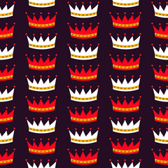 Seamless pattern with red  and white crowns on dark background. Design for fabric and paper, surface textures.	