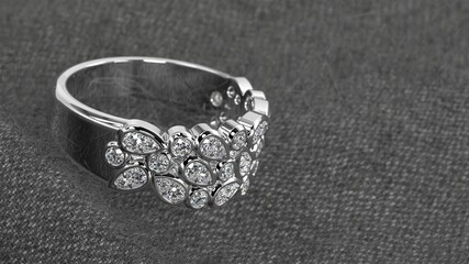 leaf and flower pattern band in white gold and diamonds stone 3d render