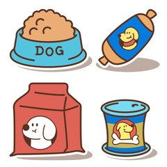 Dog food in different packing vector cartoon set isolated on a white background.