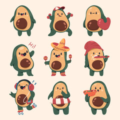 Cute avocado vector cartoon characters set isolated on background.