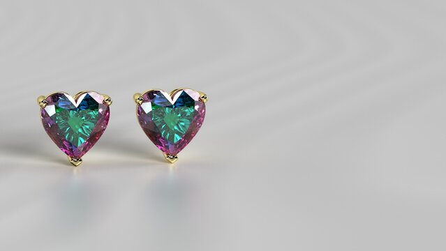 stud heart shape earing with alexandrite and yellow gold 3d render