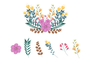 Set of pink floral elements and arrangements