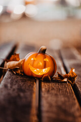 Halloween - kleiner Kürbis mit freundlichen Gesicht auf Bank mit Blättern