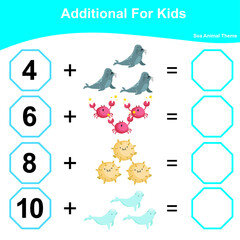 Fototapeta premium Counting Addition Game for Preschool Children. Educational printable math worksheet. Additional math worksheet. Vector illustration.