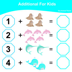 Fototapeta premium Counting Addition Game for Preschool Children. Educational printable math worksheet. Additional math worksheet. Vector illustration.