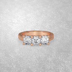 three stone engagement ring laying down position in metal gold 3D render
