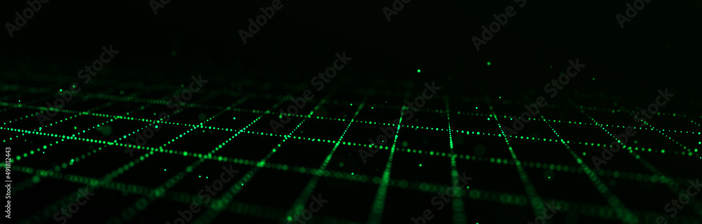 Poster dynamic flow of digital particles. perspective grid of interlaced dots. network connection structure