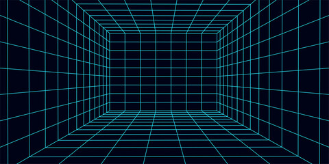 3D wireframe room mesh on blue background. Abstract perspective grid. Vector illustration.