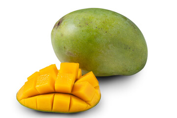 Beautiful delicious green mango isolated on white table background.