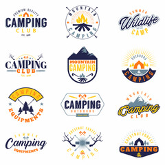 Fototapeta premium Camping set 12 badges colored. Collection of outdoor camp icons