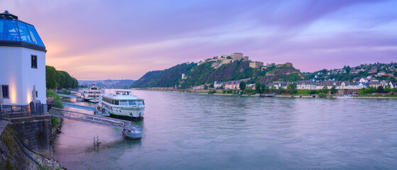 Panoramic View of Koblenz and Fortress Ehrenbreitstein at Dusk, Germany
