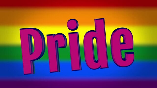 Pride! Animated text in motion. purple glossy text isolated by a pride flag.