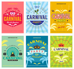 Carnival set of 6 colorful posters in retro style with masquerade masks, ferris wheel, musical instruments