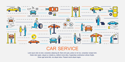 Fototapeta na wymiar Car service elements line icons collection, car repair equipment. Modern linear pictogram set of car details and service