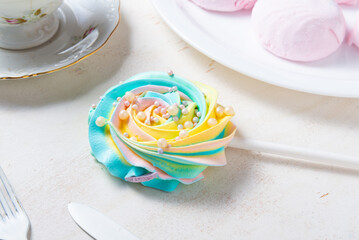 Bright colored lolly pop camdy with marshmallow