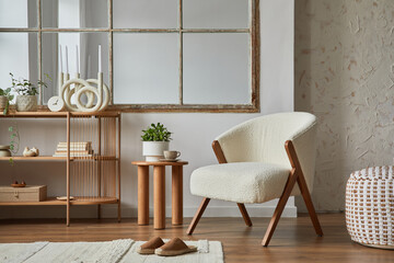Stylish compositon of modern living room interior with frotte armchair, wooden commode, side table...