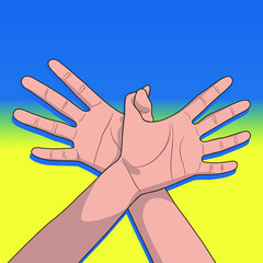 Hand gesture like flying bird against the background of the flag of Ukraine.  - 491815854