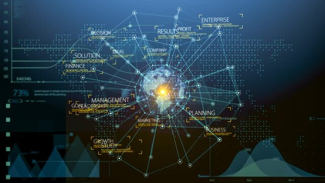 Blue abstract business motion background. Business related words revolving around lines grid and Earth globe. Depth of field settings. 3D rendering