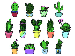 Set of cute hand drawn simple cactus. Houseplant in a pot clipart. Cacti illustration isolated on white background. Cozy home doodle.