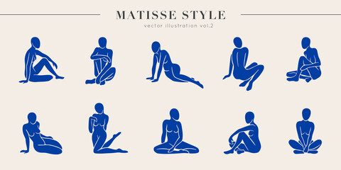 Set of vector women figures inspired by Matisse. Trendy minimal creative style. Cut paper different women poses for poster, logos, patterns and covers.