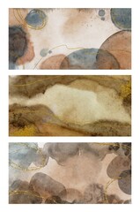 Hand Drawing Watercolor Abstract Background poster set. Aquarelle wallpaper design with golden line. Earthy tones of blue and beige. For prints, wall drawings, covers and invitations cards