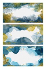 Hand Drawing Watercolor Blue backgrounds set with golden spalsh and lines. Copyspace for your text. Use for poster, business card and wedding invitation