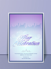 Iftar Celebration Flyer Design With Silhouette Mosque In Gradient Blue And Purple Color.