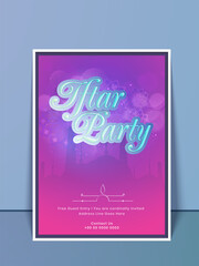 Iftar Party Invitation Card With Silhouette Mosque On Bokeh Pink And Purple Background.