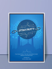 Iftar Party Invitation Card With Silhouette Mosque In Blue Color.