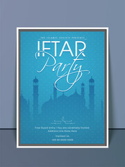 Iftar Party Invitation Card With Silhouette Mosque On Blue Background.