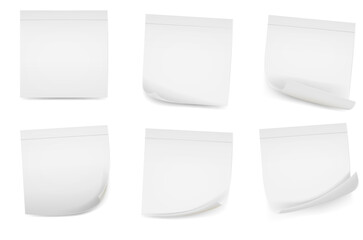 Collection of various white note papers, ready for your message. Office reminder sticker pages with curled corners. Wall notepad for scribbles vector set