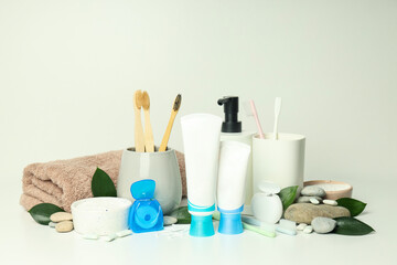 Fototapeta na wymiar Concept of tooth or oral care with accessories