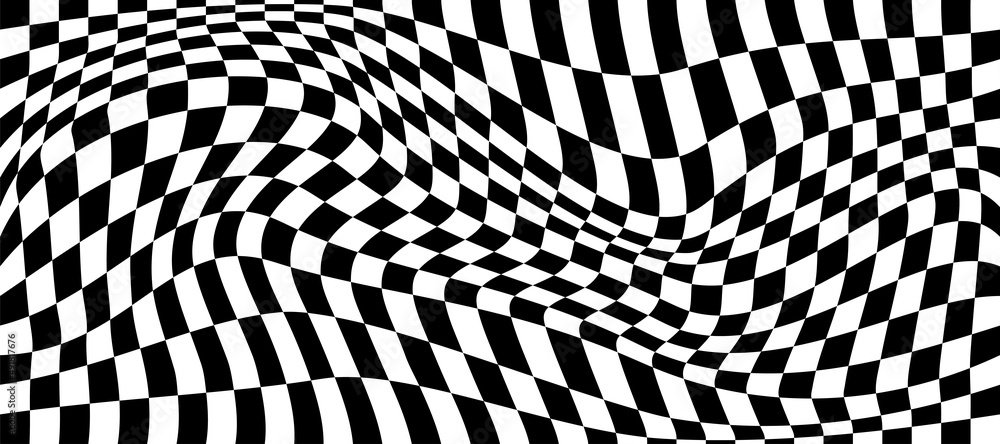 Poster vector optical illusion with black and white squares. abstract curve wave background.
