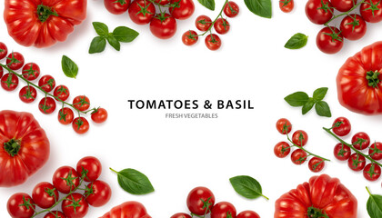 Cherry tomatoes and basil leaves pattern on white background. Flat lay.