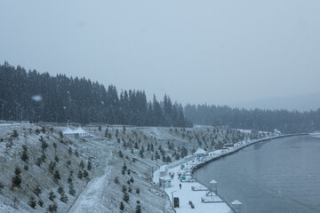 Lake in Ukrainian Carpathian mountains in snowy day