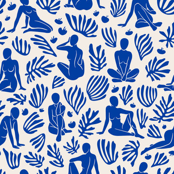 Vector seamless pattern include women figures and plants inspired by Matisse. Cut paper different women poses for poster, logos, patterns and covers. Trendy minimal creative style.