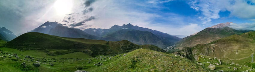 Fototapeta premium A mountain valley in the gorge of the Cherek-Balkar River in the vicinity of the Gymyhli tract. Caucasus 2021