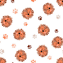 Seamless pattern of a cute funny lions and animal's paws. Vector illustration on a white background.