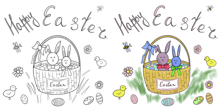 Coloring book for children. Easter theme. Coloring book on the theme of Easter. Easter bunnies and eggs. educational game for children. Easter eggs, rabbit. Abstract background. Isolated design. 