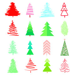 Christmas trees on white. Set for icons on isolated background. Geometric art. Objects for polygraphy, posters, t-shirts and textiles. Colored illustration