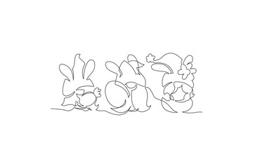 Vector illustration banner design cute gnomes with eggs for Easter and spring. Easter Bunny illustration continuous line drawing. Vector illustration.