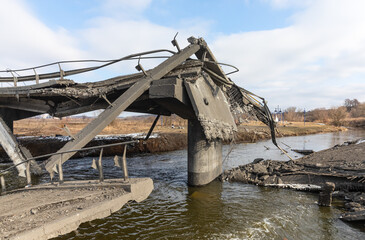 Damaged bridge by rocket attack in Irpen, Ukraine