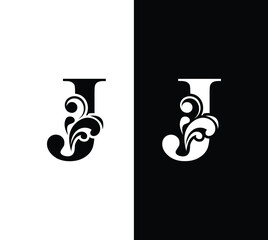 letter J black and white. flower  letters. Vintage ornament initial Alphabet. Logo vector 
